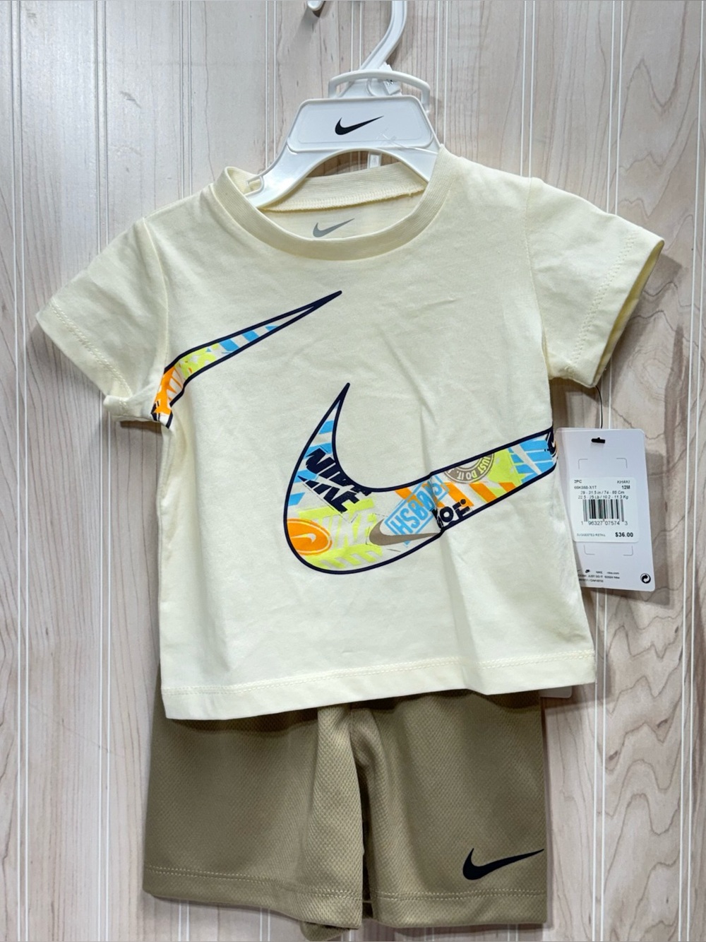 Nike Kids Two-Piece Set in Cream and Olive with Multicolor Swoosh